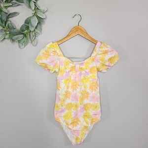 Janie & Jack Blazing Orange Floral Puff Sleeve Sweetheart One Piece Swim Suit